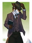  book canine classy clothing eyewear fedora feralise fox gentleman glasses green_eyes hat holding male mammal mouth_hold necktie pants pince-nez signature solo suit vest 