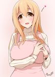  :d apron breasts brown_eyes brown_hair hands_together heart huge_breasts kichihachi looking_at_viewer open_mouth pink_background ribbed_sweater simple_background smile solo sunohara_ayaka sunoharasou_no_kanrinin-san sweater turtleneck 
