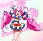  arms_up blue_skirt blush bow cheerleader closed_eyes cosplay crop_top cure_happy cure_honey cure_honey_(cosplay) happinesscharge_precure! happy hoshizora_miyuki long_hair magical_girl midriff miniskirt multicolored multicolored_clothes multicolored_skirt navel pink_hair pom_poms popcorn_cheer precure ryuuta_(cure_ryuuta) skirt smile smile_precure! solo twintails 