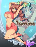  1girl agawa_ryou armpits arms_up blue_eyes bracer breasts brown_hair female large_breasts long_hair long_ponytail navel open_mouth pants ponytail shoes solo tank_top underboob 
