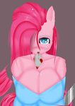  anthro blood blue_eyes blush breasts card cbatie11 cleavage clothed clothing equine female friendship_is_magic fur hair hi_res horse knife long_hair looking_at_viewer mammal my_little_pony one_eye_closed piercing pink_fur pink_hair pinkamena_(mlp) pinkie_pie_(mlp) pony shirt smile solo 