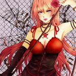  alternate_costume arm_up armpits bad_id bad_pixiv_id blue_eyes breasts bustier chain chain-link_fence cleavage collarbone earrings elbow_gloves fence flower gloves hair_flower hair_ornament hand_print jewelry large_breasts lips long_hair megurine_luka necklace pendant pink_hair silk single_glove solo spaghetti_strap spider_web tono_hito upper_body vocaloid whip zipper 