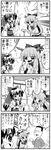  2girls 4koma :o ^_^ ^o^ ascot begging blush bow chain character_request choborau_nyopomi closed_eyes comic cuffs detached_sleeves emphasis_lines fuguta_masuo glasses greyscale hair_bow hair_tubes hakurei_reimu highres horns ibuki_suika indoors monochrome multiple_girls oni open_mouth sazae-san socks sparkling_eyes speech_bubble sweat talking touhou translation_request wet window 