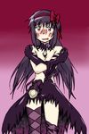  akemi_homura akuma_homura argyle argyle_legwear bare_shoulders black_hair blush bow choker clothes_pull commentary_request covering covering_breasts crossed_arms dress elbow_gloves gloves gradient gradient_background hair_bow highres long_hair looking_at_viewer mahou_shoujo_madoka_magica mahou_shoujo_madoka_magica_movie nikkou_bure purple_eyes solo spoilers thighhighs torn_clothes zettai_ryouiki 