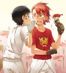  black_hair blue_eyes blush cr72 glasses gloves male_focus multiple_boys naruko_shoukichi onoda_sakamichi open_mouth paintbrush red_hair yowamushi_pedal 