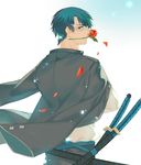  absurdres adapted_costume bishoujo_senshi_sailor_moon black_hair chiba_mamoru contemporary flower highres jacket_on_shoulders joseph_lee male_focus mask mouth_hold profile red_flower red_rose rose solo sword tuxedo_kamen weapon 