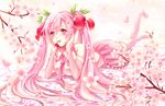  bad_id bad_pixiv_id cherry cherry_blossoms chin_rest detached_sleeves food fruit hatsune_miku long_hair lying mouth_hold necktie on_stomach pink_eyes pink_hair sakura_hiyori sakura_miku skirt solo thighhighs twintails very_long_hair vocaloid 