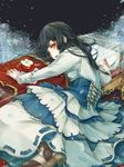  apple black_background black_hair boots cartolaio corset darkness_in_wonderland dress flower food fruit jpeg_artifacts long_hair petals red_eyes ribbon_trim rose snow_white_(grimm) snow_white_and_the_seven_dwarfs solo white_flower white_rose 