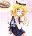  blonde_hair blue_eyes book bread breasts food glasses hand_to_own_mouth hat i-8_(kantai_collection) kantai_collection large_breasts long_hair low_twintails military_hat name_tag one-piece_swimsuit peaked_cap red-framed_eyewear school_swimsuit smile solo stollen swimsuit thinking tooi_aoiro twintails 