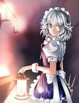  apron blue_dress blue_eyes braid candle clock colored_eyelashes dress from_side highres izayoi_sakuya karadborg knife lantern looking_back maid maid_apron maid_headdress messy_hair puffy_short_sleeves puffy_sleeves serious short_hair short_sleeves silver_hair solo touhou twin_braids wall weapon wrist_cuffs 