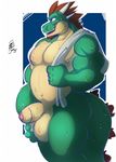  anthro ball_fondling balls beard biceps big_balls chubby donryu dragon facial_hair flaccid goatee green_dragon horn humanoid_penis laggio looking_at_viewer male musclegut muscles nude penis plain_background scalie solo standing sweat thick_penis towel uncut 