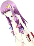  bad_id bad_pixiv_id bespectacled book crescent crescent_hair_ornament flat_chest glasses hair_ornament hair_ribbon kamata_yuuya long_hair navel patchouli_knowledge purple_eyes purple_hair ribbon slingshot_swimsuit solo swimsuit touhou 