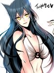  ahri animal_ears bare_shoulders bikini_top black_hair breasts cleavage fox_ears hair_between_eyes league_of_legends long_hair medium_breasts open_mouth smile swimsuit yellow_eyes 