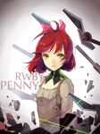  ahoge bob_cut bow character_name copyright_name detached_collar dress english ginpenny green_eyes hair_bow long_sleeves looking_at_viewer multiple_swords parted_lips penny_polendina red_hair rwby short_hair solo wind 