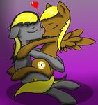  &lt;3 blonde_hair blush brown_feathers brown_fur couple cutie_mark earth earth_pony equine eyes_closed fur gradient_background grey_fur hair horse kissing mammal my_little_pony pegasus pony purple_background wings 