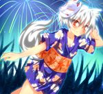  animal_ears blush breasts cleavage collarbone fang highres inubashiri_momiji looking_at_viewer mask no_hat no_headwear red_eyes short_hair silver_hair small_breasts smile solo tail tengu_mask touhou wolf_ears wolf_tail zamudelin 