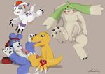  3_toes agumon anthro balls claws digimon dreiker duo erection foot_fetish footjob fur gaomon gargomon gay gomamon green_eyes headband hindpaw licking_feet licking_foot male multiple_scenes pawpads paws penis plain_background pose soles solo toes uncut yellow_eyes 