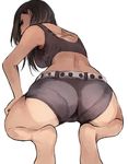  ass barefoot belt breasts brown_hair from_behind long_hair looking_at_viewer looking_back medium_breasts original pantylines pepe_(jonasan) shorts solo squatting 