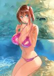  bare_shoulders bh001 bikini blue_eyes breasts brown_hair cleavage hair_twirling highres huge_breasts navel original pink_bikini short_hair side_ponytail solo swimsuit water 