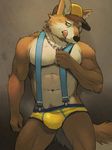  abs anthro biceps big_muscles black_nose briefs brown_fur bulge canine coyote fur gamma-g green_eyes hat looking_at_viewer male mammal muscles necklace pecs pose solo standing suspenders tan_fur toned tongue tongue_out topless underwear 