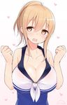  :d bad_id bad_pixiv_id bare_shoulders blonde_hair blush breasts cleavage clenched_hands collarbone heart large_breasts looking_at_viewer nekoume official_art open_mouth ponytail sleeveless smile solo sunohara_ayaka sunoharasou_no_kanrinin-san yellow_eyes 