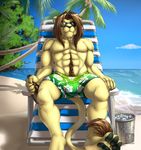  4_toes abs alcohol anthro beach beer beverage biceps bottle bulge chair clothing eyewear feline fur hair hindpaw jora lion male mammal mane muscles paws pecs plantigrade seaside shorts sitting soles solo summer sunglasses swimsuit tan_fur toes toned topless underwear vallhund 