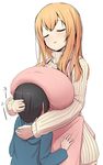  1girl age_difference apron breast_smother breasts brown_hair closed_eyes huge_breasts jpeg_artifacts light_smile long_hair namamo_(kura) ribbed_sweater shiina_aki sunohara_ayaka sunoharasou_no_kanrinin-san sweater translation_request turtleneck 