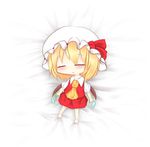  absurdres arms_at_sides ascot bed_sheet blonde_hair blush_stickers chibi crystal dress flandre_scarlet hat highres lying mob_cap on_back red_dress short_hair shoupon skirt skirt_set sleeping solo touhou wings 