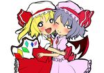  absurdres bad_id bad_pixiv_id bat_wings blonde_hair bow bright_pupils cheek-to-cheek dress flandre_scarlet hair_bow hat highres hug just_another_kunkun lavender_hair looking_at_viewer mob_cap multiple_girls open_mouth pink_dress puffy_short_sleeves puffy_sleeves red_dress remilia_scarlet ribbon short_hair short_sleeves siblings side_ponytail sisters skirt skirt_set smile touhou white_pupils wings 