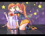  2girls aira_(exp) anon_(vocaloid) boots gloves green_eyes hug kanon_(vocaloid) long_hair orange_hair ponytail short_hair skirt thighhighs twins vocaloid 