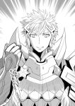  armor closed_mouth fire_emblem fire_emblem_heroes greyscale hair_ornament hrid_(fire_emblem_heroes) male_focus monochrome ouzisamafe short_hair smile solo spiked_hair upper_body 