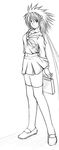  annet_myer arms_behind_back artist_request bag el_viento full_body greyscale hairband looking_at_viewer midriff monochrome navel school_uniform shoes simple_background skirt smile source_request spiked_hair standing thighhighs white_background zettai_ryouiki 