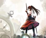  black_hair blurry boots date_a_live depth_of_field dual_wielding faux_traditional_media gears gothic_lolita gun hair_ornament hairband highres holding kikivi lolita_fashion lolita_hairband looking_at_viewer looking_back pocket_watch rifle smile solo tokisaki_kurumi twintails watch weapon 