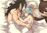  1boy 1girl bed black_hair blue_hair cellphone couple fairy_tail gajeel_redfox grin levy_mcgarden long_hair nude pantherlily phone rboz rusky scar scars sleeping smartphone smile 
