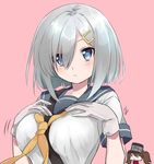  between_breasts blue_eyes breast_envy breast_suppress breasts gloves hair_ornament hair_over_one_eye hairclip hamakaze_(kantai_collection) kantai_collection large_breasts looking_at_viewer mirakururu multiple_girls pink_background ryuujou_(kantai_collection) school_uniform serafuku short_sleeves silver_hair simple_background twintails white_gloves 