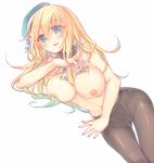  atago_(kantai_collection) bad_id bad_pixiv_id black_legwear blonde_hair blue_eyes breasts choker condom condom_wrapper crotch_seam hat kantai_collection large_breasts long_hair nipples pantyhose pf simple_background solo thighband_pantyhose topless white_background 