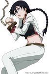  bdsm belt black_hair blue_eyes bondage bound bound_wrists braid break_blade chain cleo_saubraffe jacket long_hair looking_at_viewer lying midriff omi_(3rdcompass) open_mouth pants solo stocks white_background 