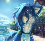  abs anthro arms_behind_head beach biceps big_muscles black_nose blue_fur blue_hair bulge canine clothing duga flexing fur hair male mammal muscles null-ghost pecs pose sand seaside shining_(series) shining_force shorts solo standing summer swimsuit toned tongue tongue_out topless underwear video_games water wet white_fur wolf yellow_eyes 
