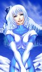  1girl blue_eyes bodysuit dc_comics elbow_gloves female gloves ice ice_(dc) looking_at_viewer snow solo white_gloves white_hair 