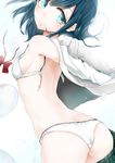  ass back blue_eyes blue_hair blush bow bra lace lace-trimmed_panties looking_at_viewer open_bra open_clothes open_shirt original panties sakasa_(guranyto) shirt short_hair skirt skirt_pull solo underwear unfastened white_bra white_panties 