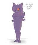  3_toes angry big_breasts bit-small blush breasts chubby female gengar ghost nintendo overweight plain_background pok&#233;mon pok&eacute;mon spirit text video_games 