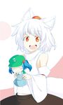  animal_ears bare_shoulders black_hair blush chibi detached_sleeves hat holding inubashiri_momiji kawashiro_nitori kokutei_n looking_at_viewer midriff multiple_girls o_o open_mouth pom_pom_(clothes) red_eyes short_hair silver_hair tail tokin_hat touhou two_side_up wolf_ears wolf_tail 