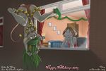  2013 anthro blue_eyes blush breasts buckteeth cat christmas cleavage clothed clothing feline female green_hair hair hanging hindpaw holidays katie_(t-kay) long_hair mammal mouse night panties paws rodent skimpy sleighbells t-kay toes topless underwear upside_down wide_hips window 