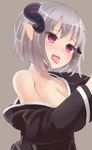  blush breasts cleavage demon_girl demon_horns horns medium_breasts off_shoulder original pointy_ears red_eyes saliva saliva_trail sexually_suggestive short_hair silver_hair solo tears tongue tongue_out wet zi_(mumei) 