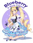  artist_name blonde_hair blue_footwear blue_skirt blueberry blueberry_hair_ornament bow braid breasts briska choker cleavage curly_hair detached_sleeves dirndl drill_hair english food food_print food_themed_hair_ornament food_themed_ornament fruit german_clothes hair_ornament kneeling long_hair looking_at_viewer medium_breasts no_socks original parted_lips purple_background purple_bow shoes signature skirt solo striped striped_bow twin_drills twintails underbust 