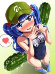  blue_eyes blush boots commentary_request cucumber drooling from_above heart highres kawashiro_nitori kezune_(i-_-i) one-piece_swimsuit school_swimsuit solo spoken_heart swimsuit touhou water 