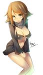  2014 bikini_top blush breasts brown_hair cleavage cosplay dated green_eyes kantai_collection large_breasts looking_at_viewer mutsu_(kantai_collection) o-ring o-ring_top re-class_battleship re-class_battleship_(cosplay) scarf shiny shiny_skin short_hair simple_background solo tilt-shift white_background 