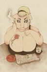  breasts chubby cleavage clothed clothing ear_piercing eyeshadow female huge_breasts invalid_tag licking licking_lips makeup mammal milf mother mum necklace overweight parent peggy_pig piercing pig ponytail porcine reading simple_background slit_eyes smoking smutbunny swine tattoo tongue 
