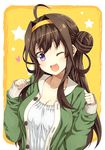  ;d ahoge alternate_costume blush breasts brown_hair casual cleavage hair_intakes hairband heart kantai_collection kongou_(kantai_collection) kouji_(campus_life) large_breasts long_hair looking_at_viewer md5_mismatch one_eye_closed open_mouth purple_eyes smile solo star yellow_background 