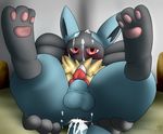  balls black_fur blue_fur blush butt cum cum_in_ass cum_inside cum_on_face feral fur hindpaw looking_at_viewer lucario lying male messy nintendo nude on_back paws penis pok&#233;mon pok&eacute;mon red_eyes redimplight solo spreading video_games 